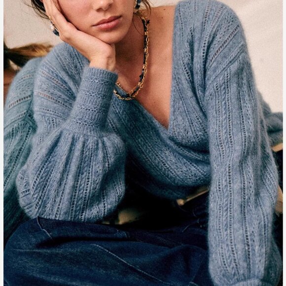 NWT Sezane Cristina Jumper Blue Vintage Sweater French Wool Mohair V Neck - Picture 2 of 6